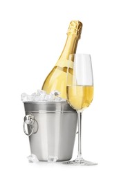 Photo of Champagne and bucket with ice isolated on white