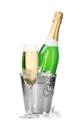 Photo of Champagne and bucket with ice isolated on white