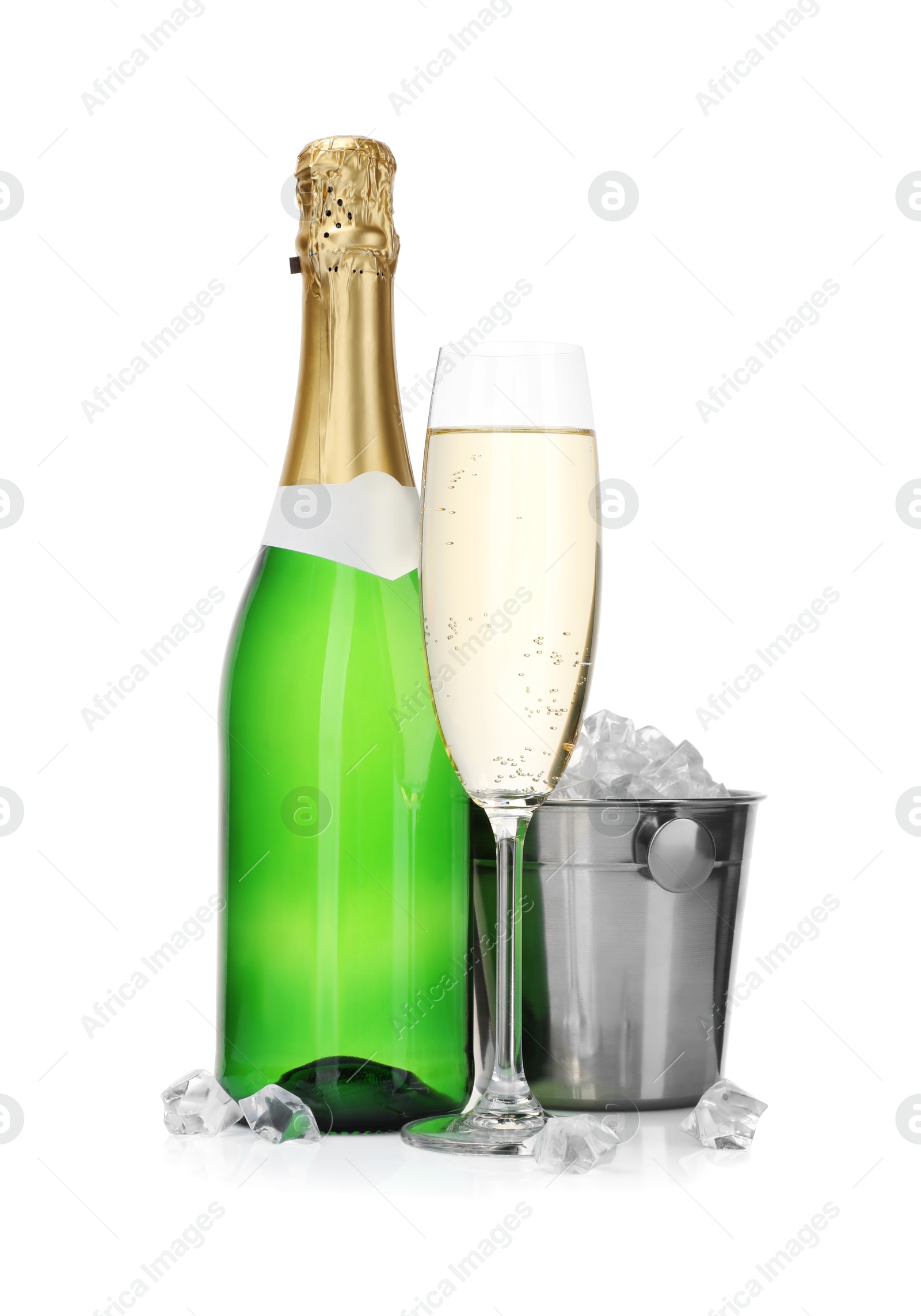 Photo of Champagne and bucket with ice isolated on white