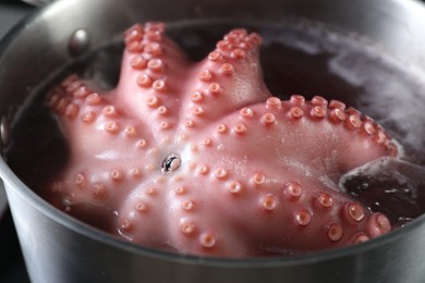 Photo of Fresh octopus boiling in pan on stove, closeup