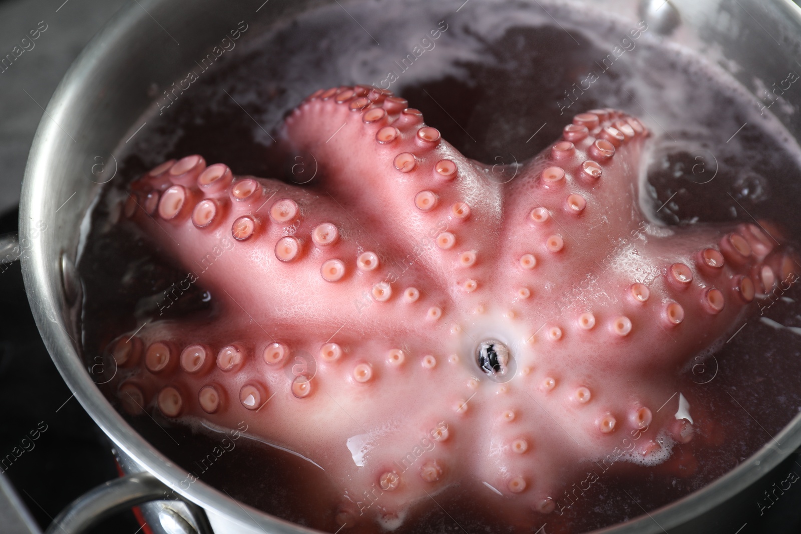 Photo of Fresh octopus boiling in pan on stove, closeup