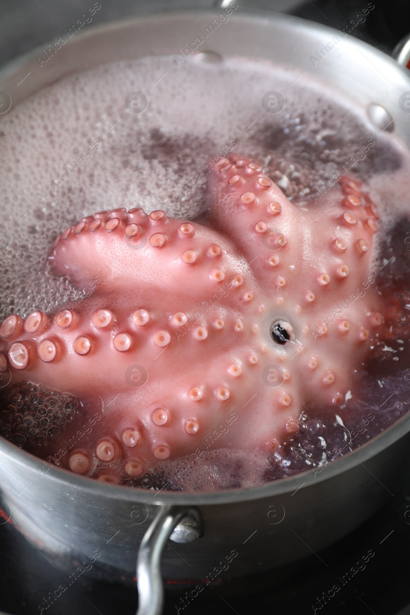 Photo of Fresh octopus boiling in pan on stove, closeup