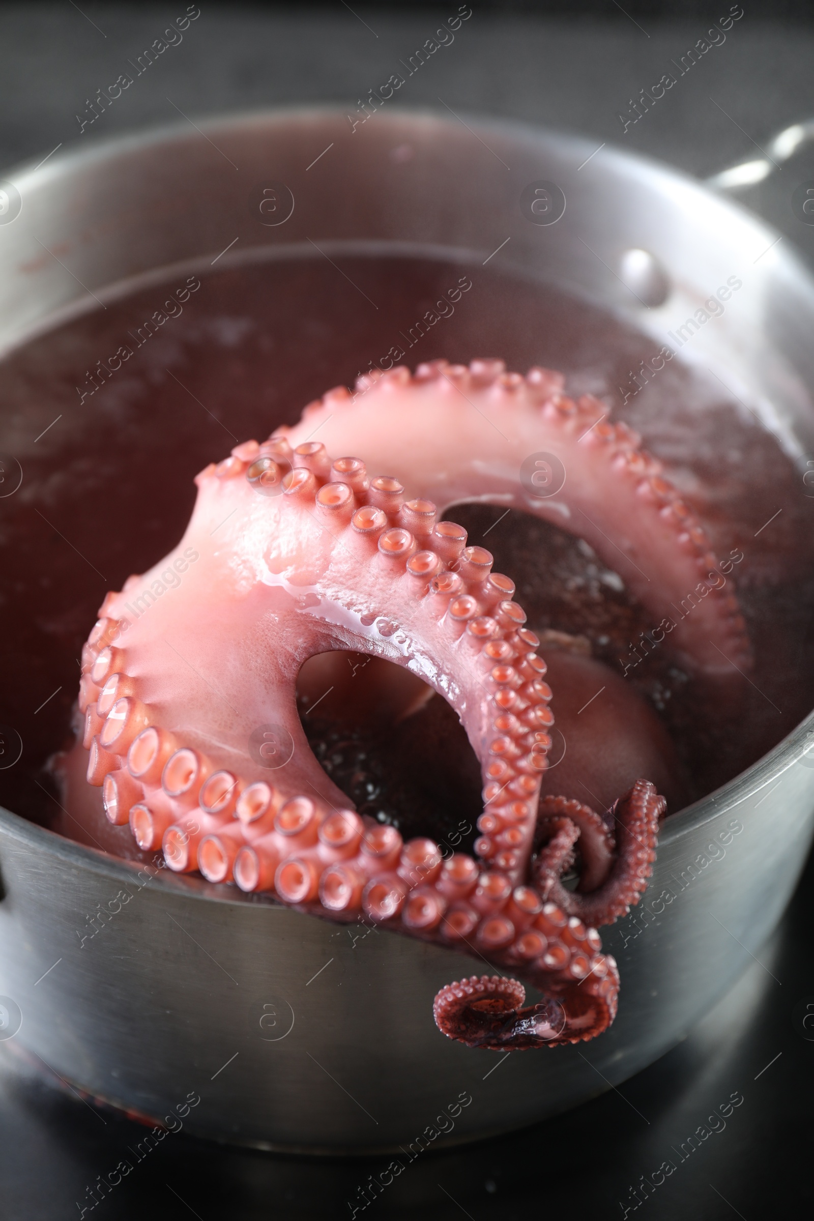 Photo of Fresh octopus boiling in pan on stove, closeup