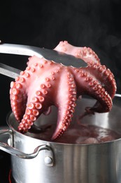 Photo of Putting fresh octopus into pan with boiled water on stove, closeup