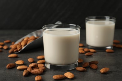 Fresh almond milk in glasses and nuts on dark grey table, closeup