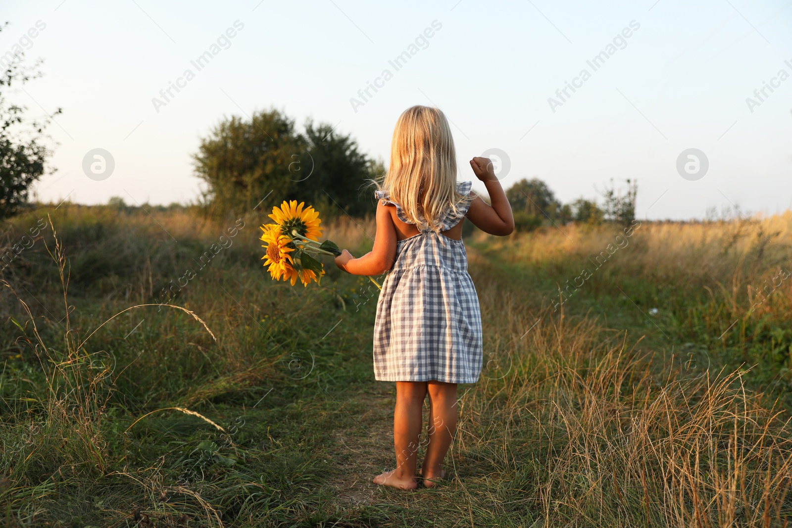 Photo of Little girl with sunflowers at meadow, back view. Child enjoying beautiful nature