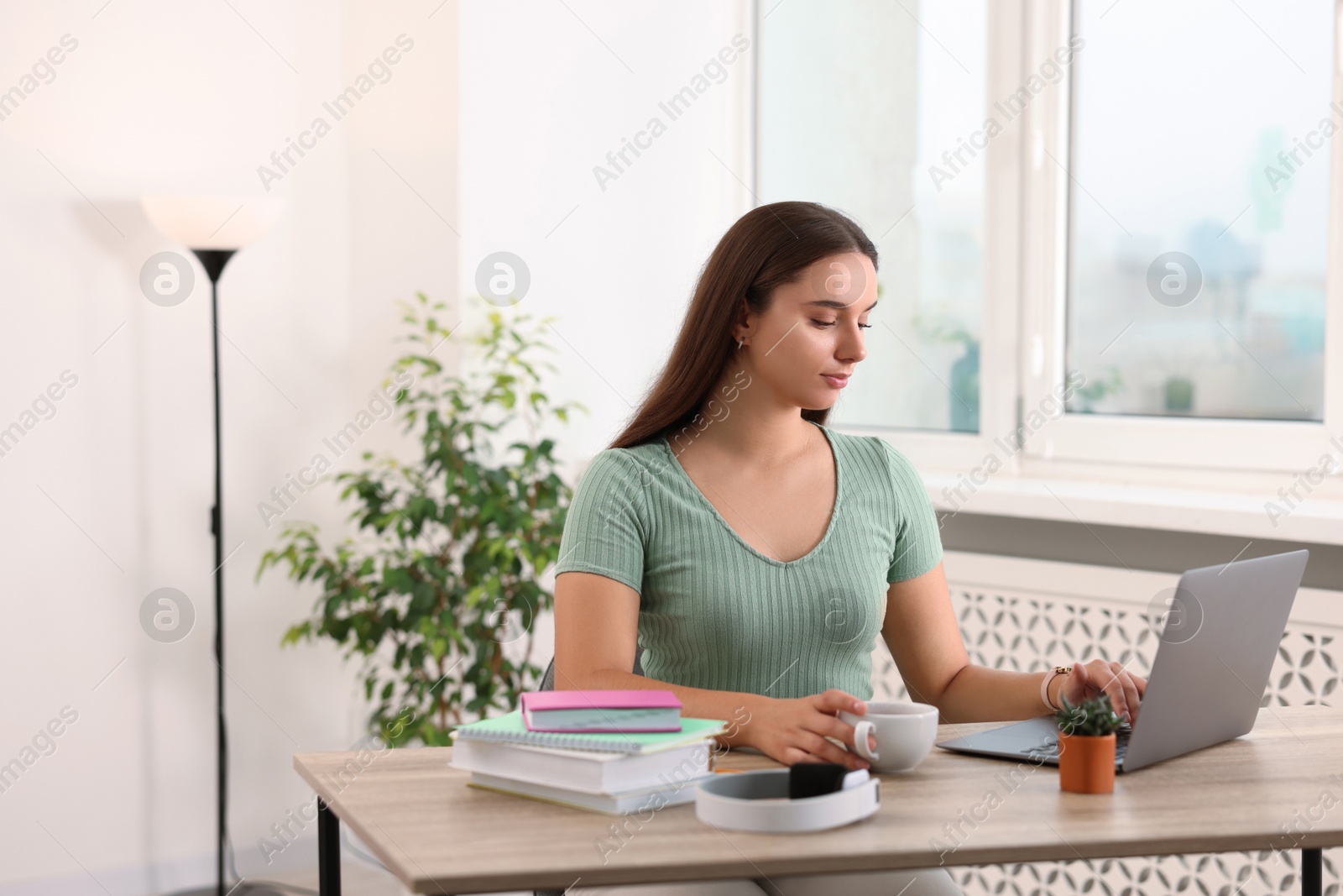 Photo of Student with cup of drink studying at wooden table indoors