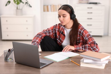 Photo of Student in headphones studying with laptop at wooden table indoors