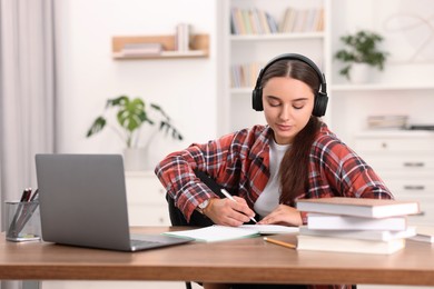 Photo of Student in headphones studying at wooden table indoors