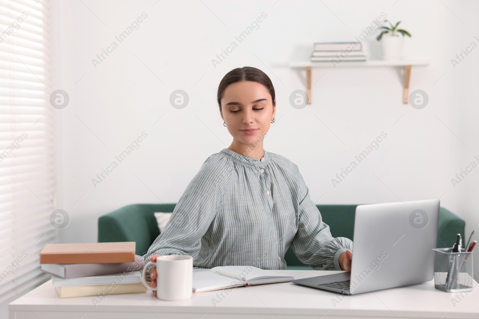 Photo of Student studying with laptop at table indoors