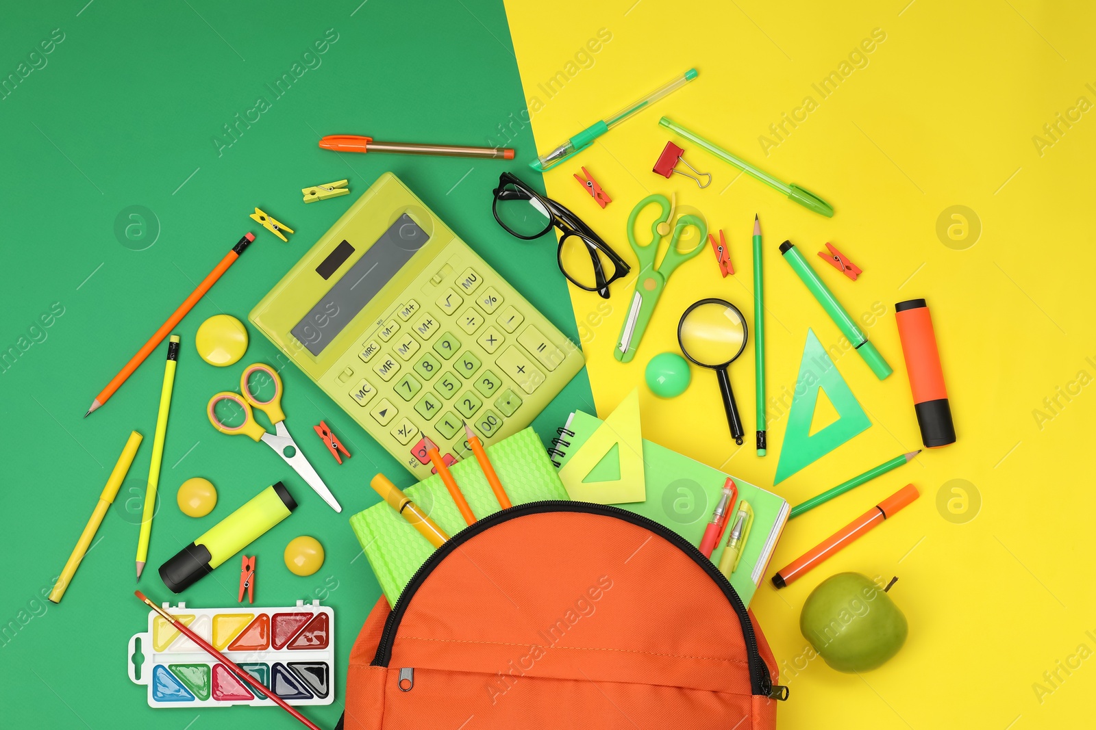 Photo of Backpack and different school supplies on color background, flat lay