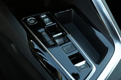 Photo of Control panel inside of modern car, closeup view