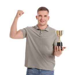 Photo of Happy winner with golden trophy cup on white background