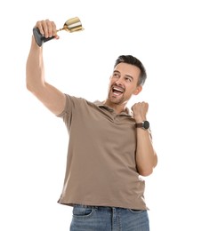 Photo of Happy winner with golden trophy cup on white background