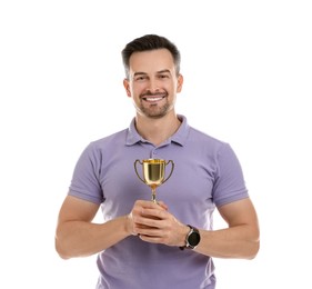 Photo of Happy winner with golden trophy cup on white background