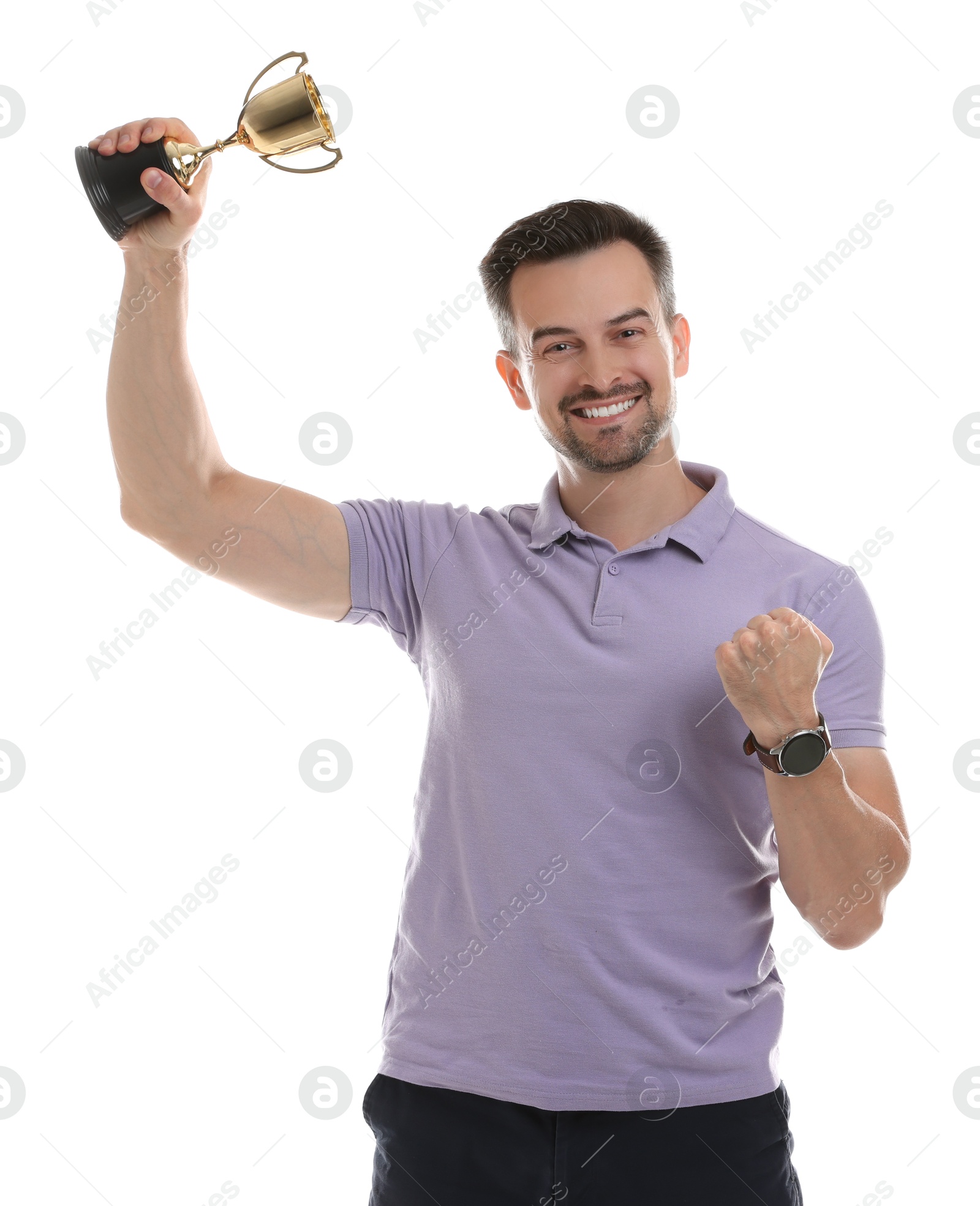 Photo of Happy winner with golden trophy cup on white background