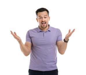 Photo of Portrait of surprised winner on white background