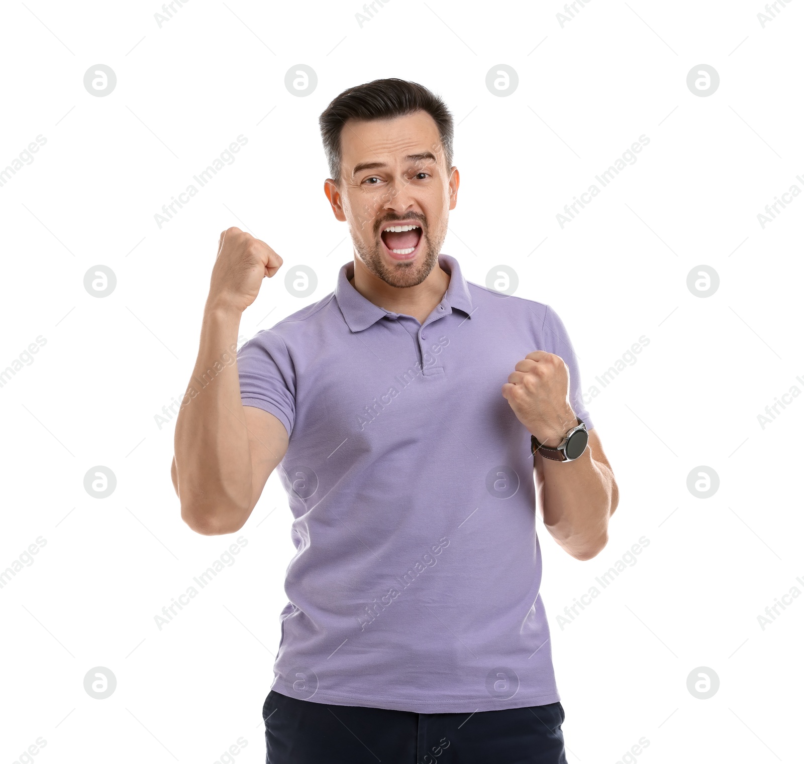 Photo of Portrait of happy winner on white background