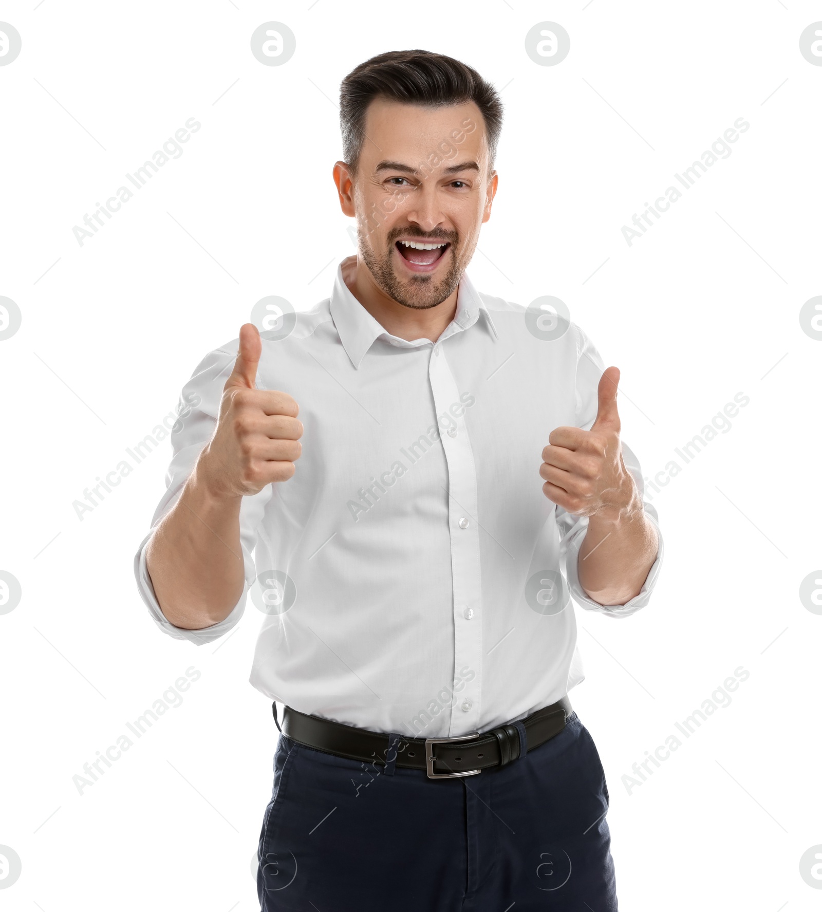 Photo of Happy winner showing thumbs up on white background