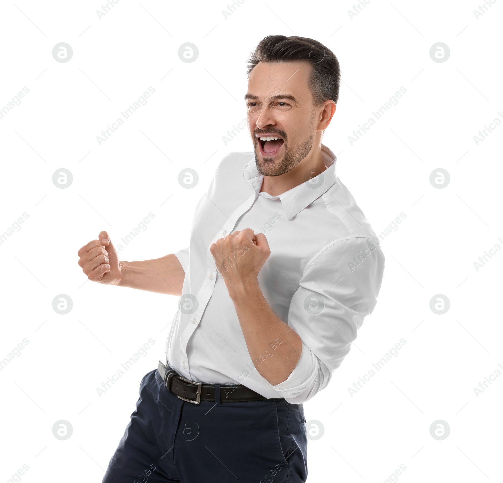 Photo of Portrait of happy winner on white background