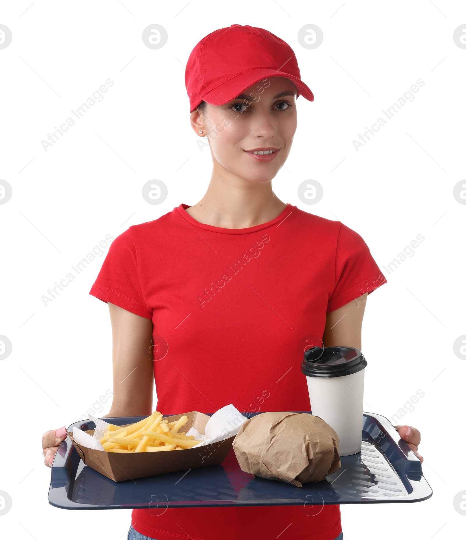 Photo of Fast-food worker holding tray with order on white background