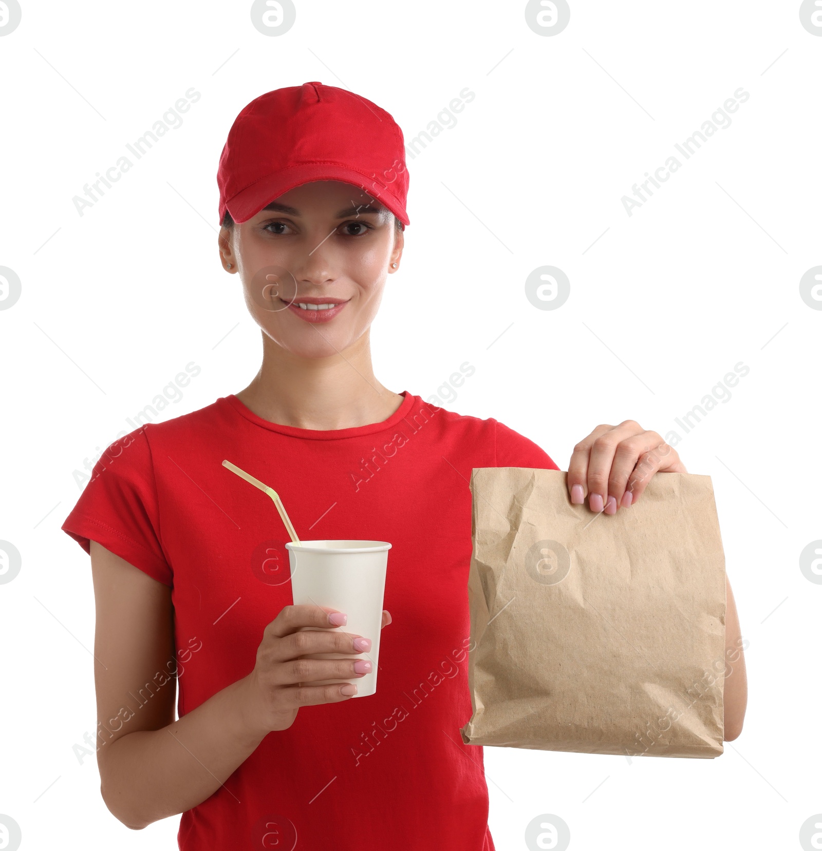 Photo of Fast-food worker with paper bag and cup on white background