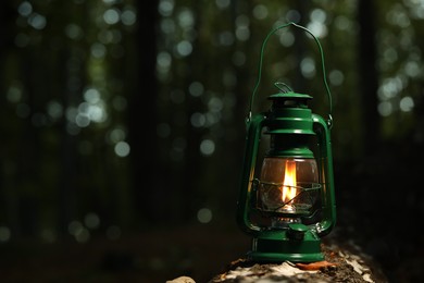 Photo of Vintage kerosene lamp in forest at evening, space for text