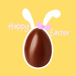 Illustration of Happy Easter. Chocolate egg with bunny ears on yellow background