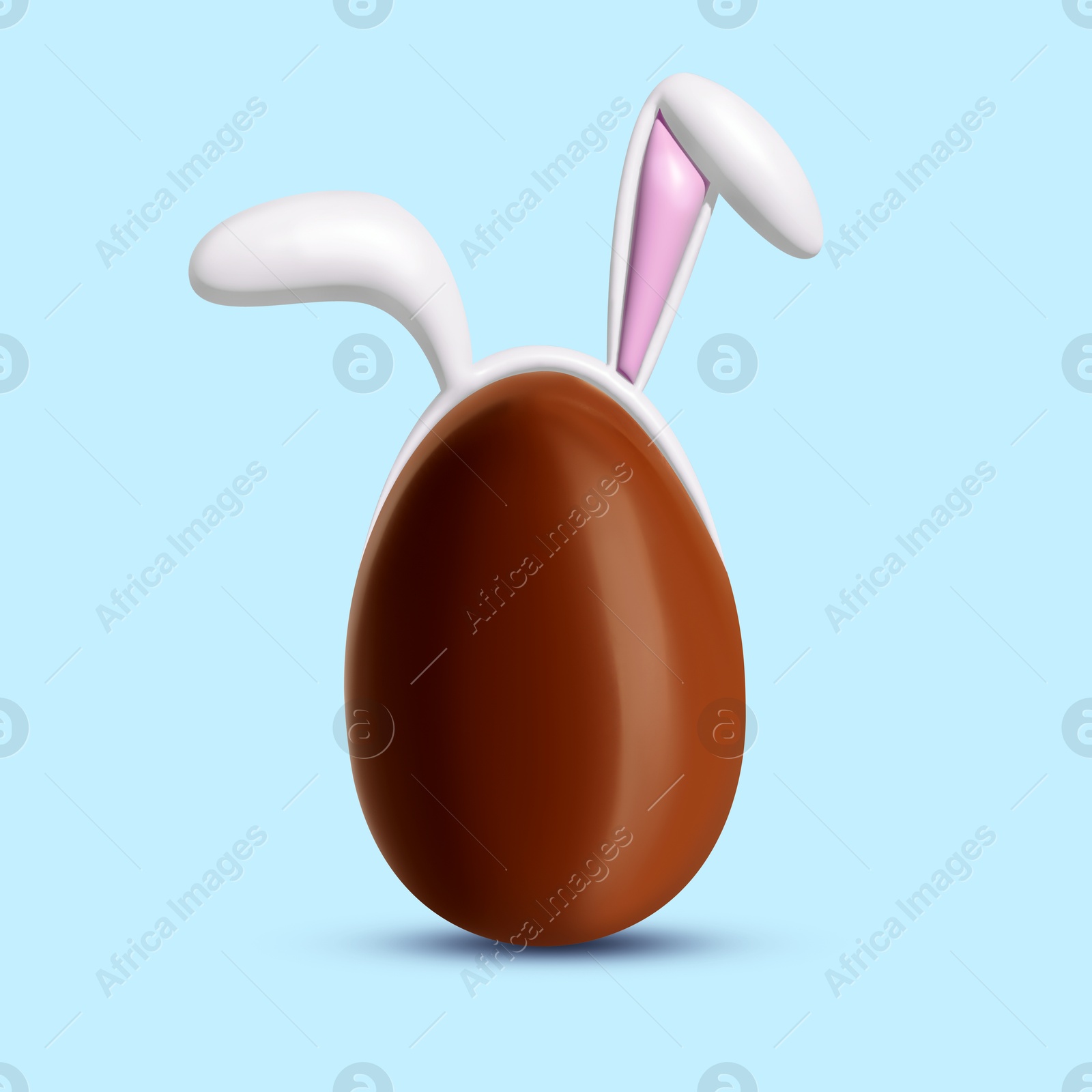 Illustration of Happy Easter. Chocolate egg with bunny ears on light blue background