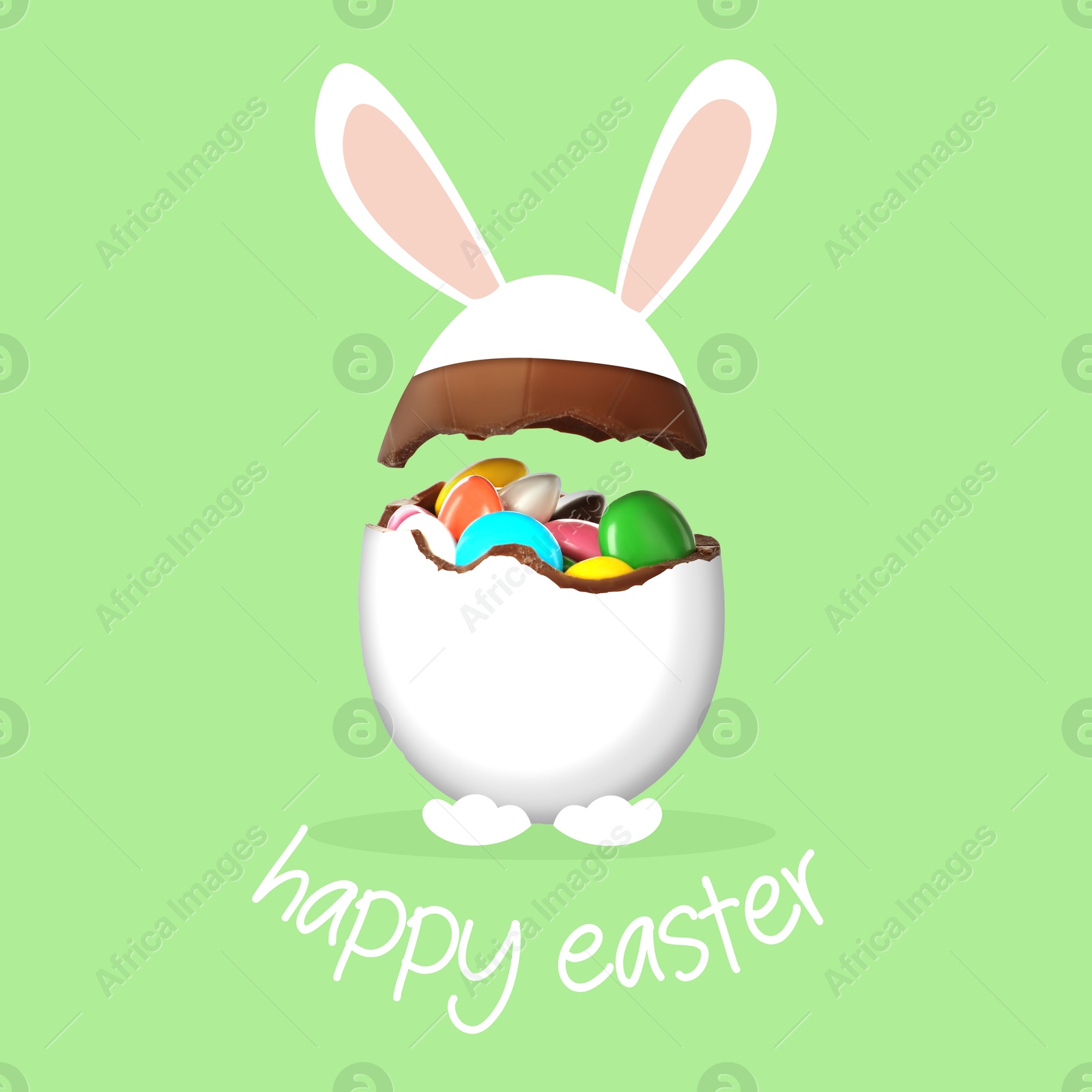 Illustration of Happy Easter. Chocolate egg with bunny ears and paws on light green background. Candies inside broken egg