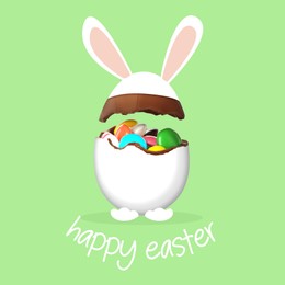 Happy Easter. Chocolate egg with bunny ears and paws on light green background. Candies inside broken egg