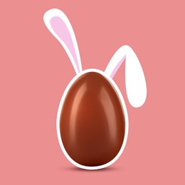 Illustration of Happy Easter. Chocolate egg with bunny ears on pink background