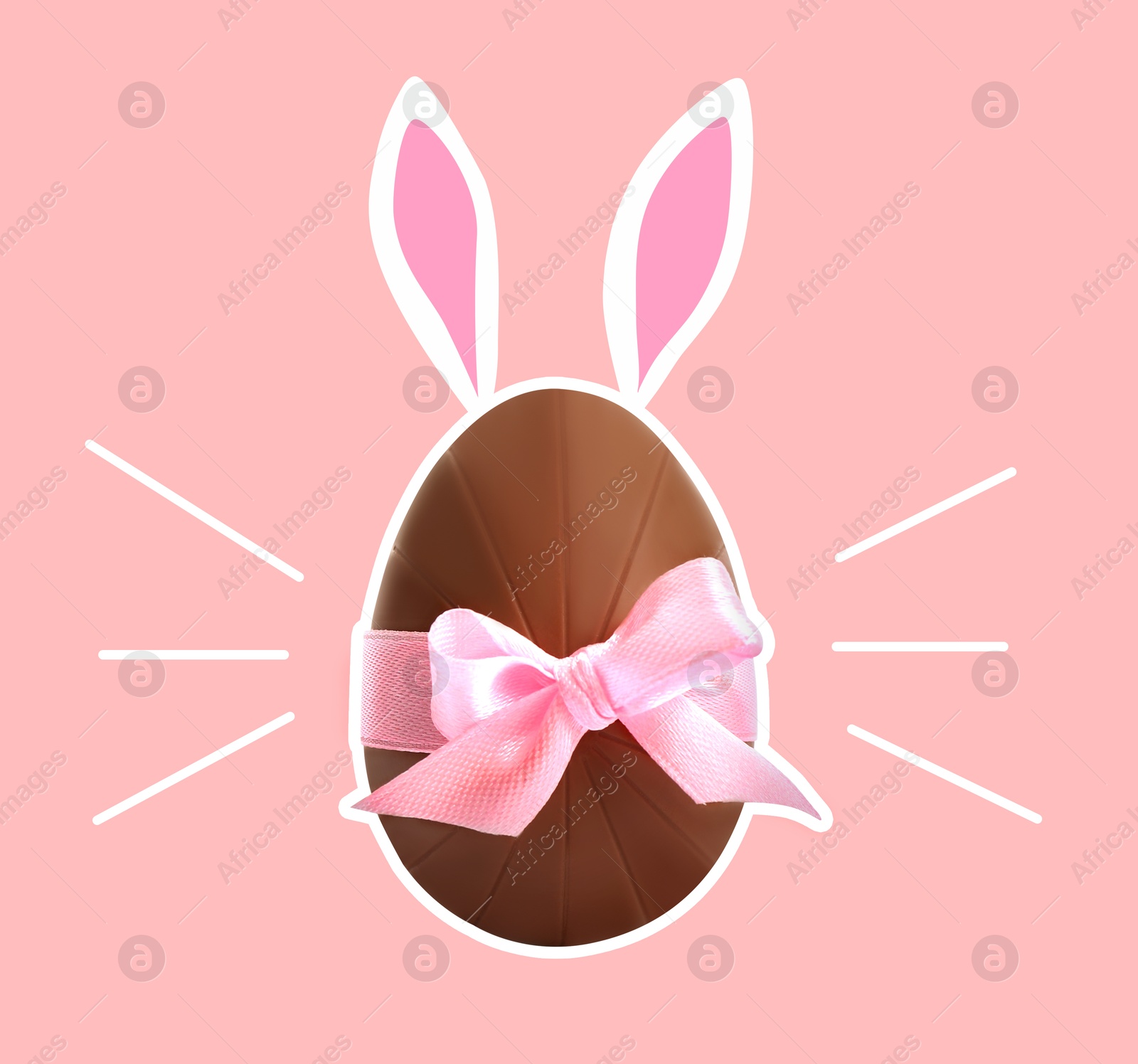 Illustration of Happy Easter. Chocolate egg with bunny ears and bow on pink background