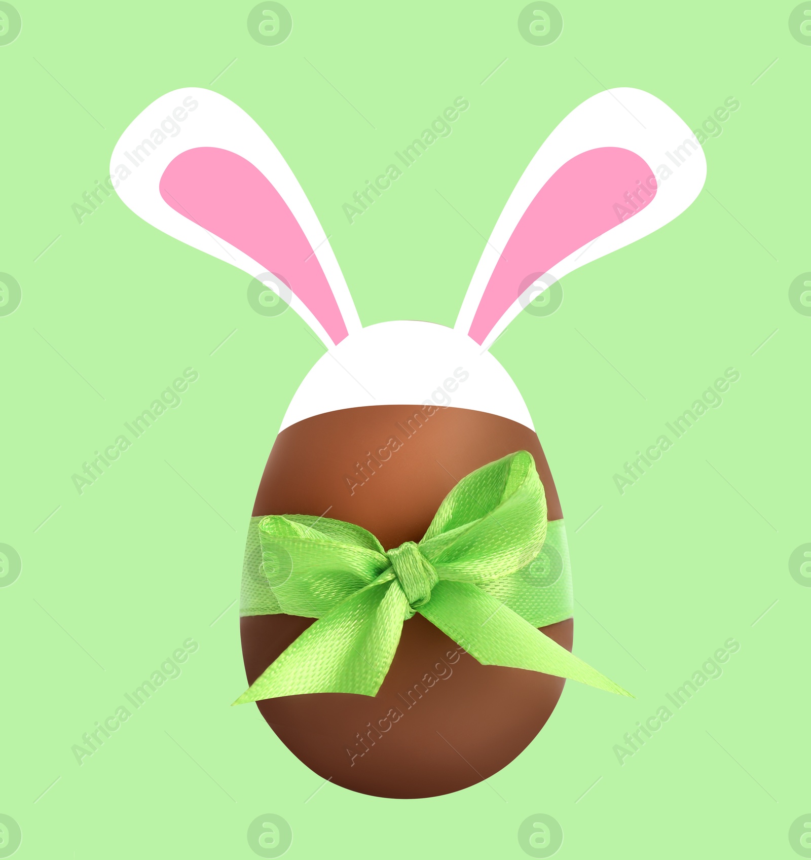 Illustration of Happy Easter. Chocolate egg with bunny ears and bow on light green background