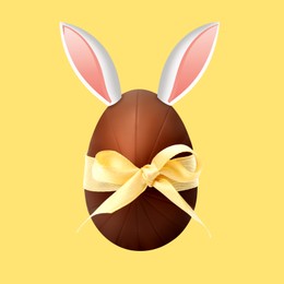 Illustration of Happy Easter. Chocolate egg with bunny ears and bow on yellow background