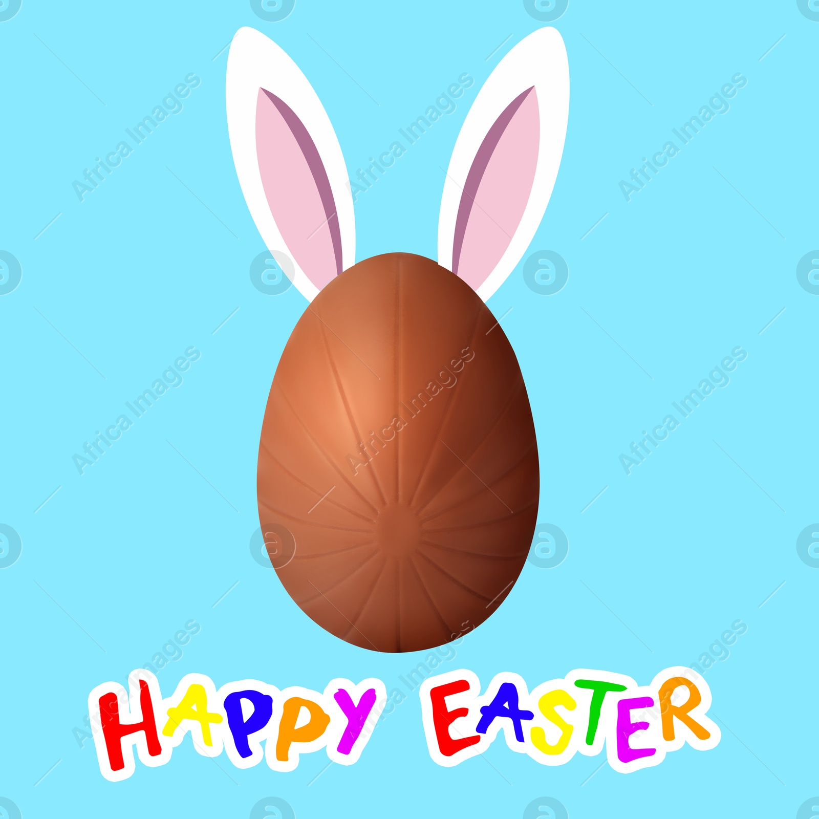 Illustration of Happy Easter. Chocolate egg with bunny ears on light blue background