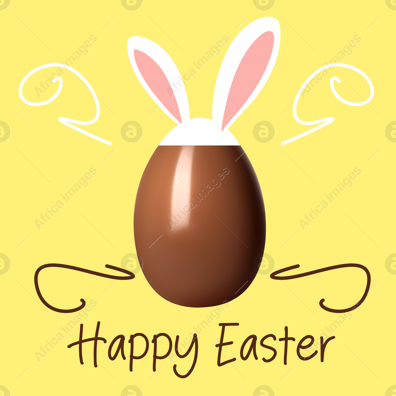 Illustration of Happy Easter. Chocolate egg with bunny ears on yellow background