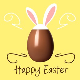 Illustration of Happy Easter. Chocolate egg with bunny ears on yellow background