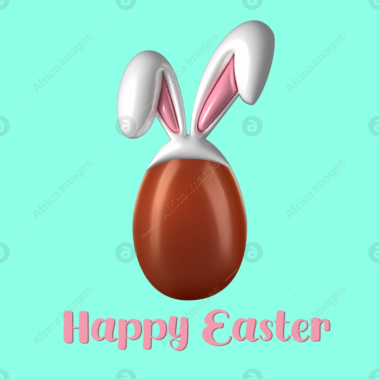 Illustration of Happy Easter. Chocolate egg with bunny ears on turquoise background