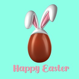 Illustration of Happy Easter. Chocolate egg with bunny ears on turquoise background