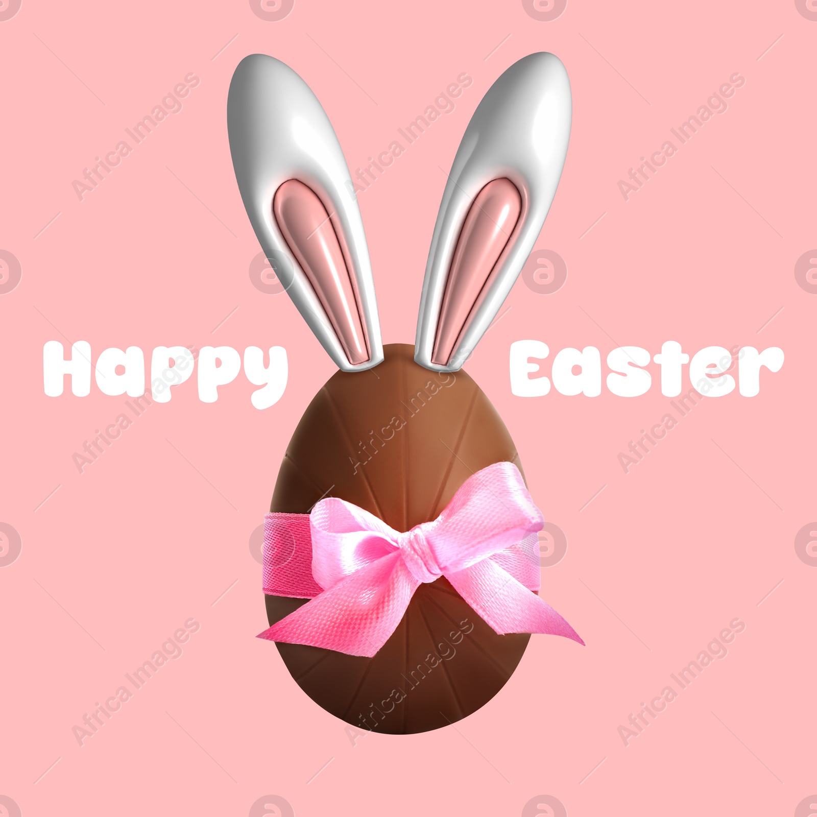 Illustration of Happy Easter. Chocolate egg with bunny ears and bow on pink background