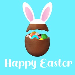 Happy Easter. Chocolate egg with bunny ears on light blue background. Candies inside broken egg