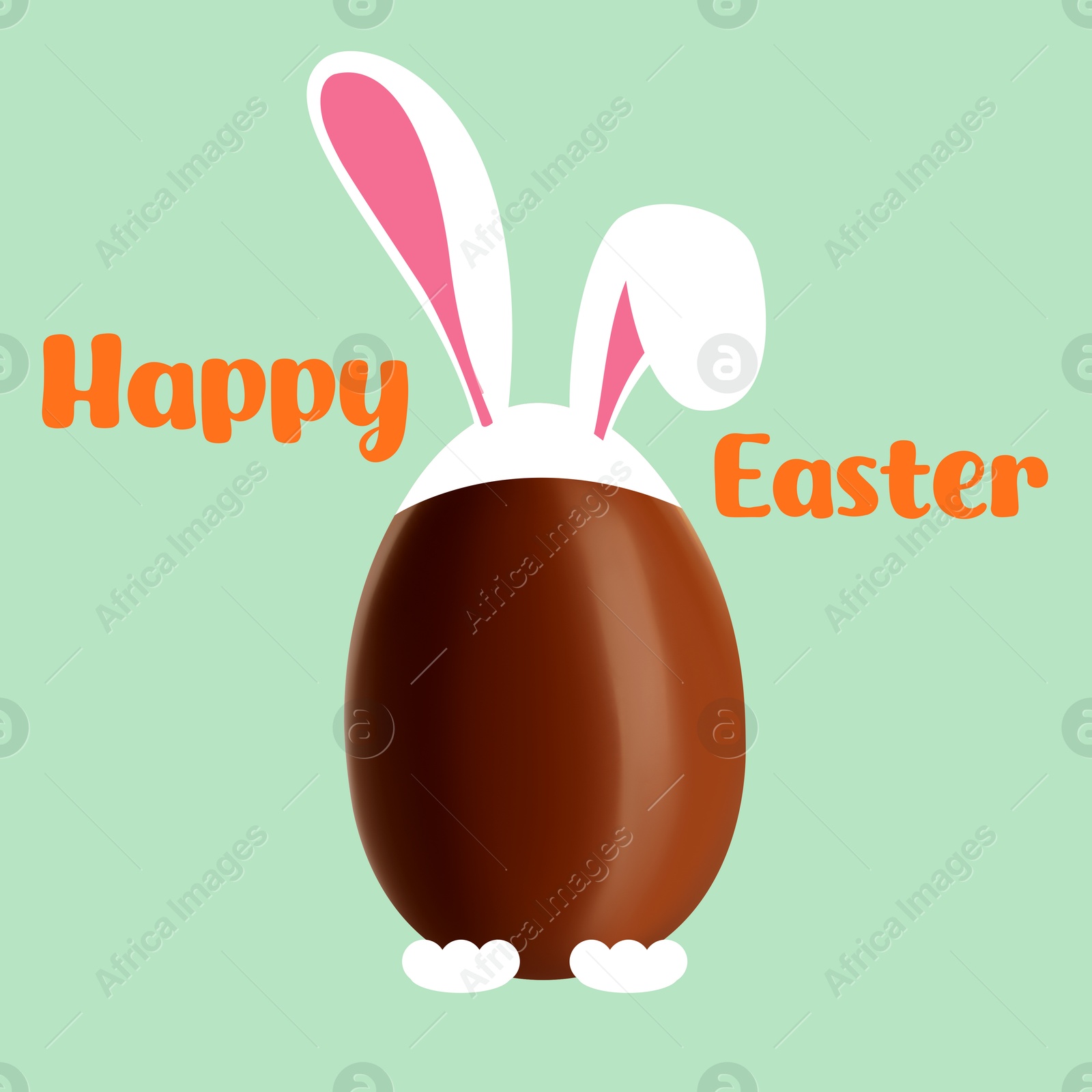 Illustration of Happy Easter. Chocolate egg with bunny ears and paws on pink background