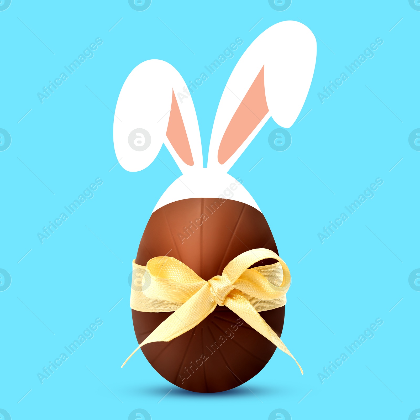 Illustration of Happy Easter. Chocolate egg with bunny ears and yellow bow on light blue background