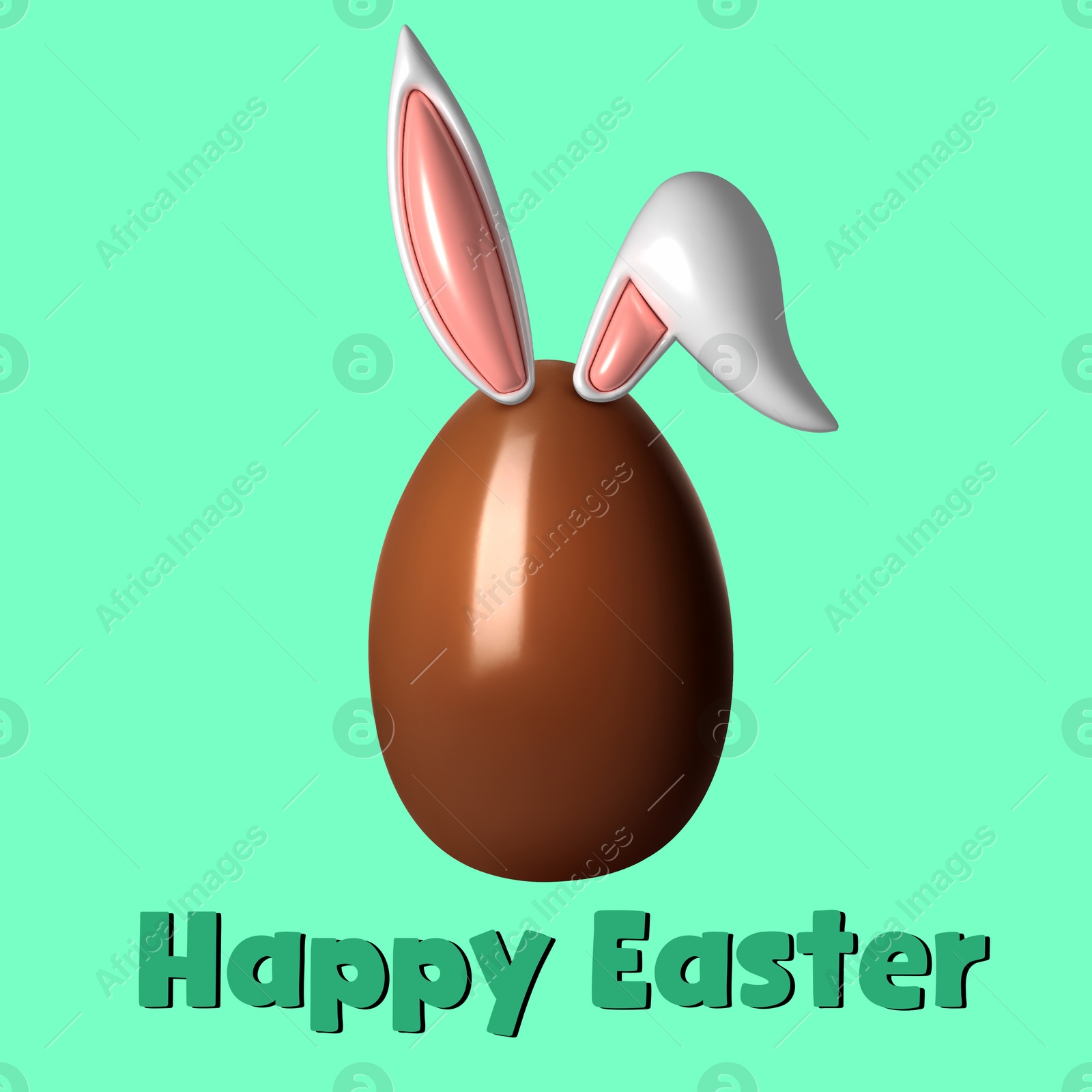 Illustration of Happy Easter. Chocolate egg with bunny ears on aquamarine color background