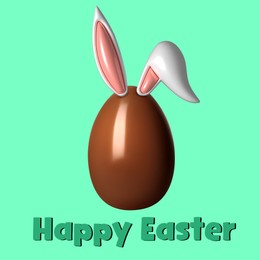 Happy Easter. Chocolate egg with bunny ears on aquamarine color background