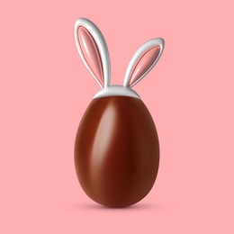 Illustration of Happy Easter. Chocolate egg with bunny ears on pink background