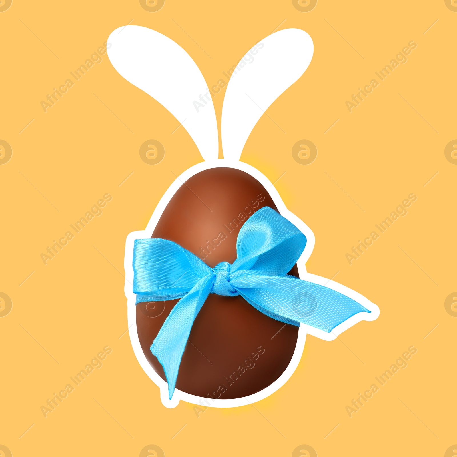 Illustration of Happy Easter. Chocolate egg with bunny ears and light blue bow on orange background