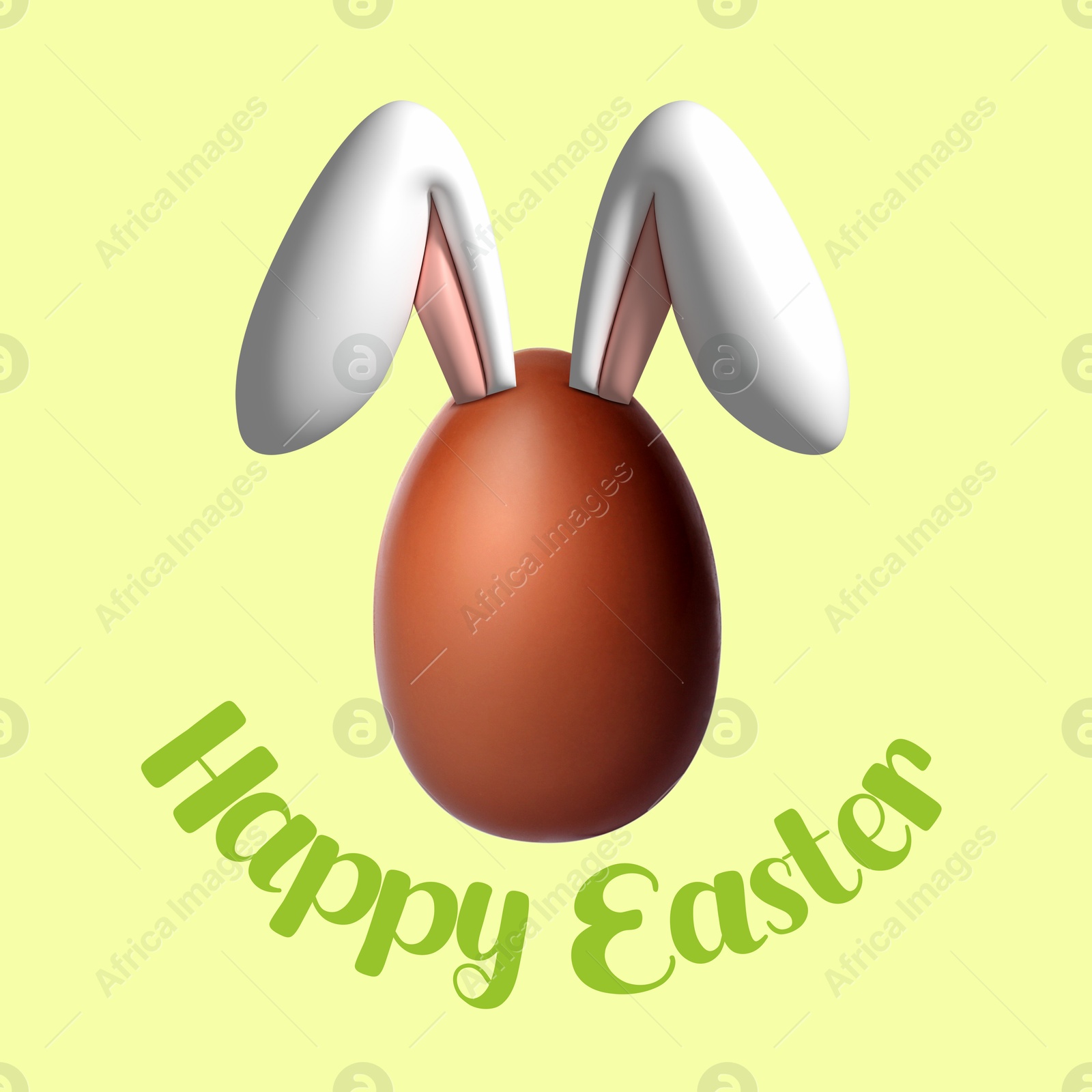 Illustration of Happy Easter. Chocolate egg with bunny ears on light green background