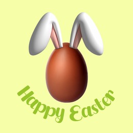 Illustration of Happy Easter. Chocolate egg with bunny ears on light green background